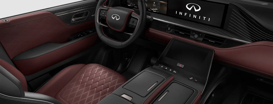 INFINITI QX80 Burgundy With Metal Inlay Open Pore Wood and Dark Matte Chrome