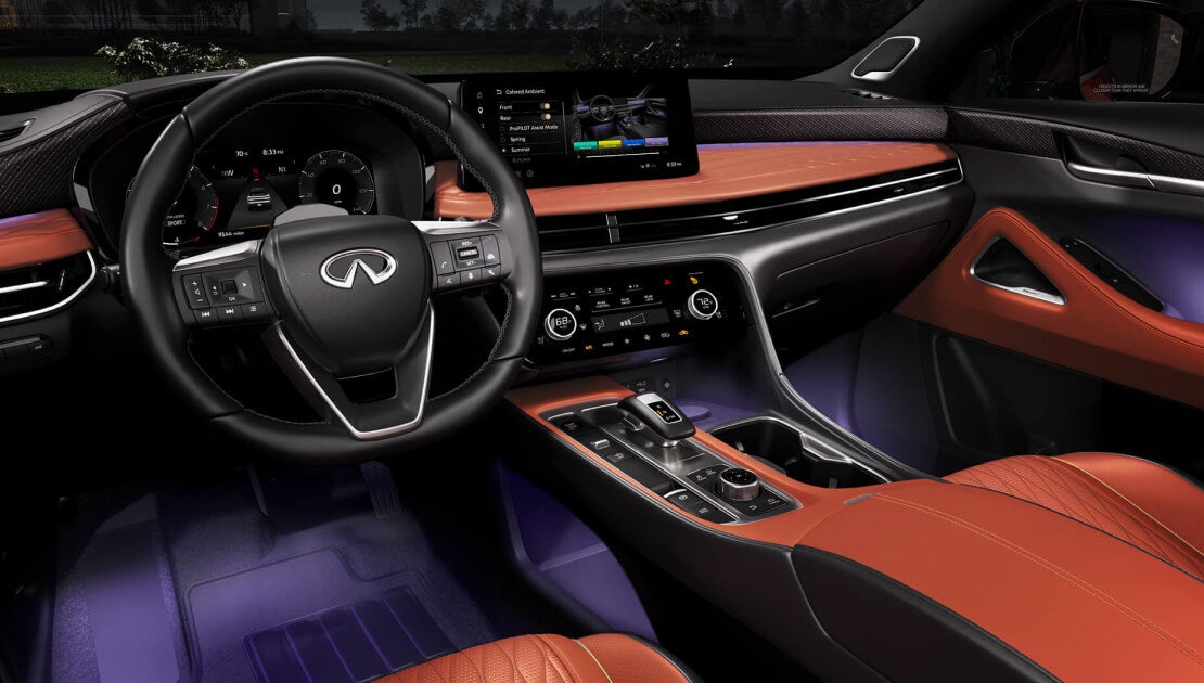 A wide angle interior view of the QX65 cockpit.