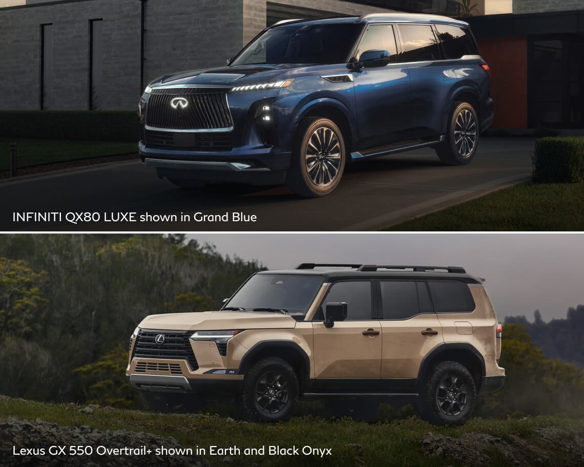 INFINITI QX80 LUXE exterior in Grand Blue showing three-quarters view parked on a driveway., Lexus GX 550 Overtrail exterior in Earth / Black Onyx showing a profile view on a grassy ridge.