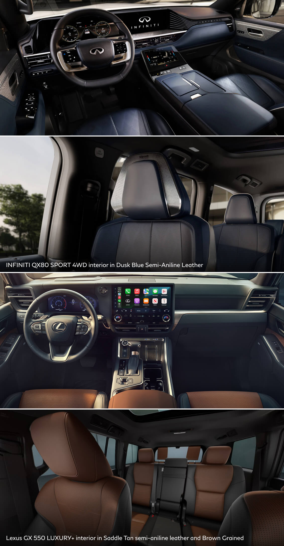 INFINITI QX80 SPORT interior in Dusk Blue showing the dashboard displaying the Monolith dual-screen system., INFINITI QX80 SPORT interior in Graphite showing second-row captain's chairs with contrast piping., Lexus GX 550 Overtrail interior in Chateau showing the dashboard displaying the 14-inch touchscreen interface. Lexus GX 550 Premium Plus interior in Saddle Tan showing three rows of seating with a power sunroof.