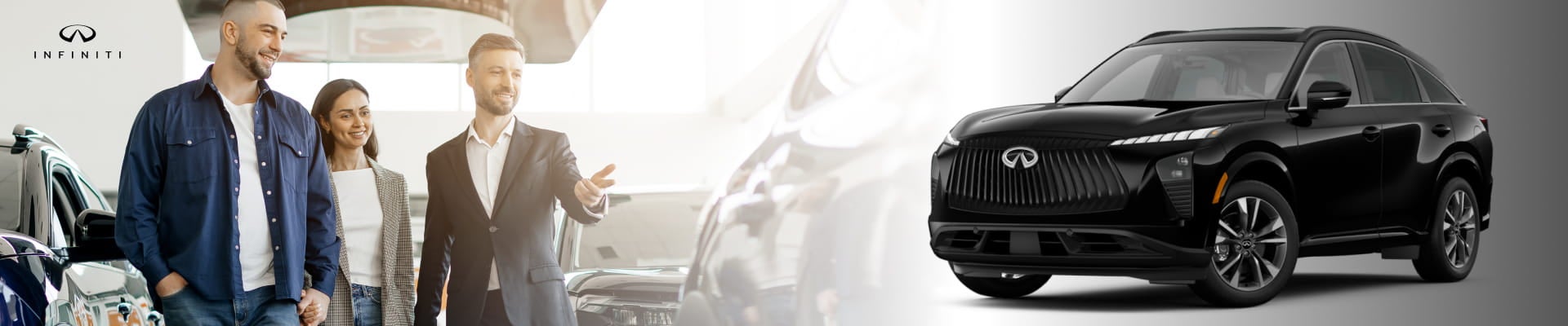 A salesperson gestures towards a shiny black Infiniti SUV as two customers smile, suggesting a positive car-buying experience in a bright showroom.